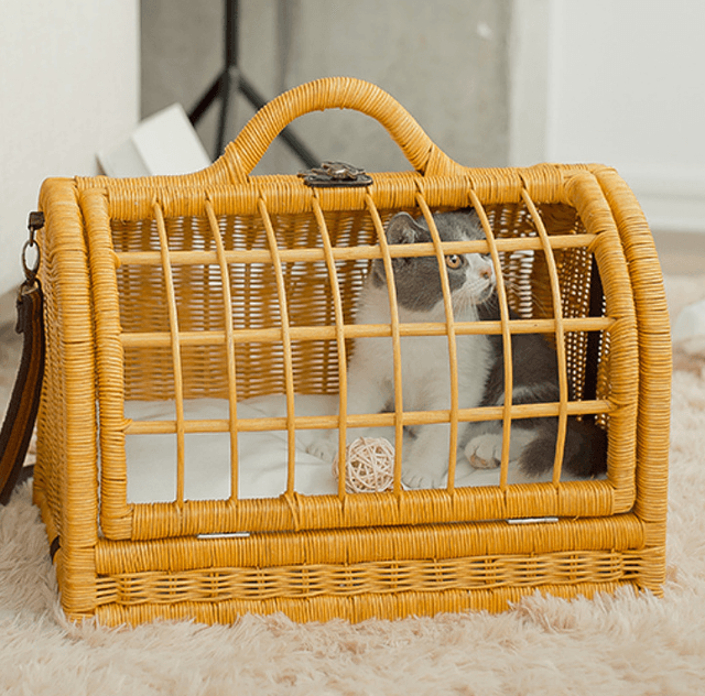 猫キャリーバッグ 手編み籐製猫キャリーバッグショルダー付き