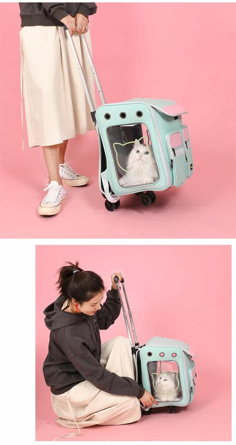 猫キャリーバッグ 透明窓付き多機能リュック型キャスター付き猫用キャリー