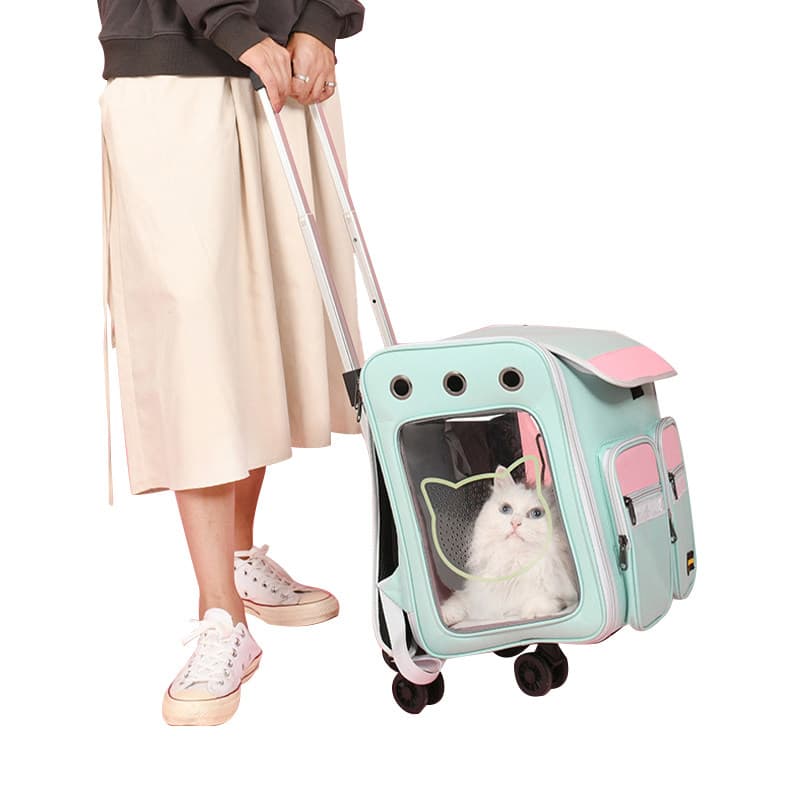 猫キャリーバッグ 透明窓付き多機能リュック型キャスター付き猫用キャリー